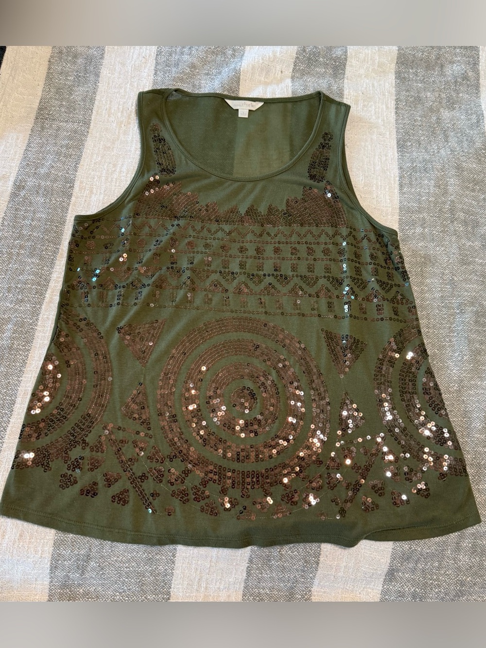 Charming Charlie SZ L Olive Green w/Gold Sequins Sheer Tank Top